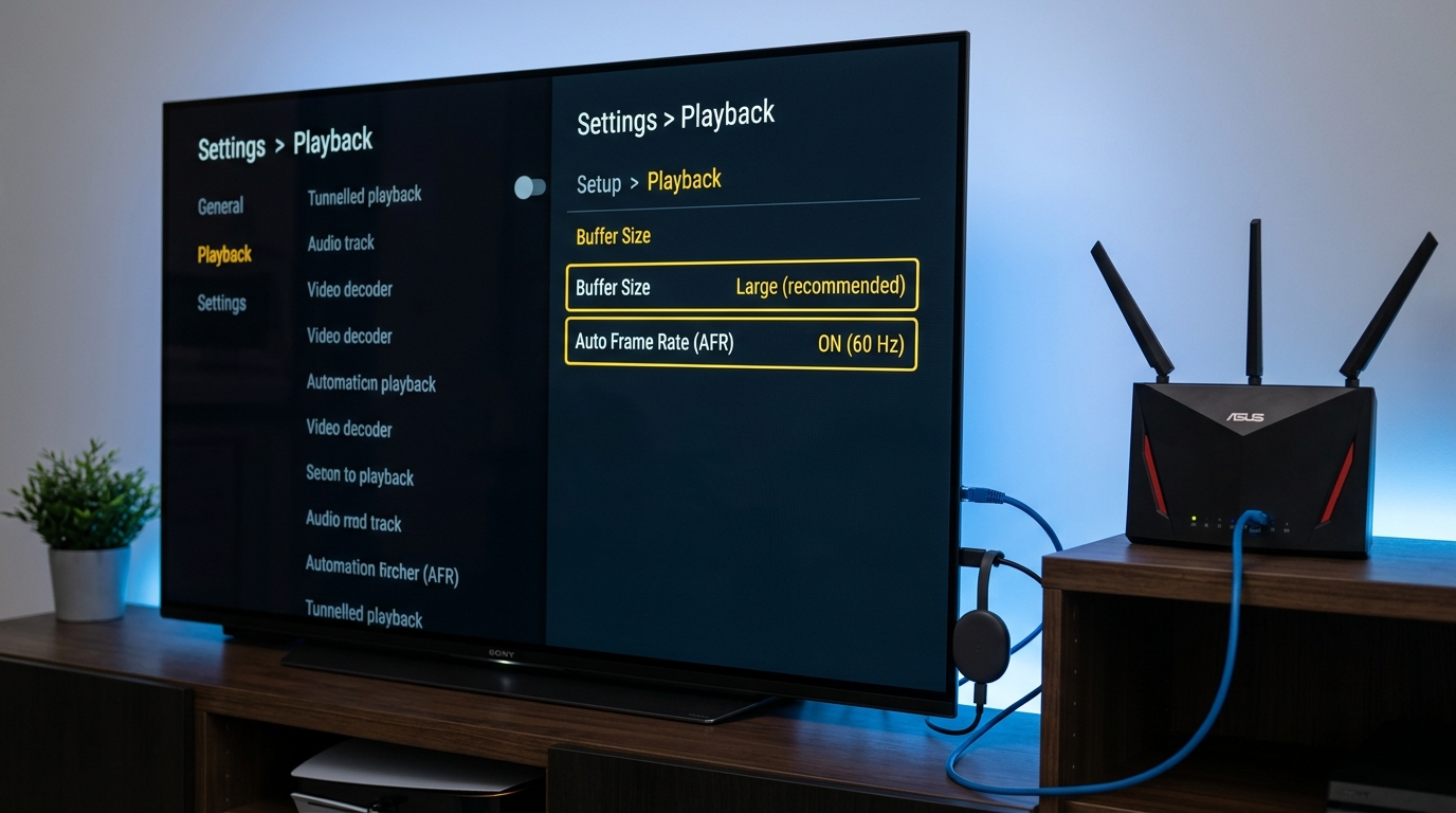TiviMate Playback Settings menu on 4K television showing Buffer Size set to Large and Auto Frame Rate enabled with router